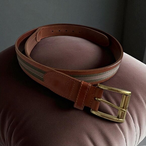 COACH Men's Vintage Tan Green Striped Belt Size 40 - Picture 1 of 8